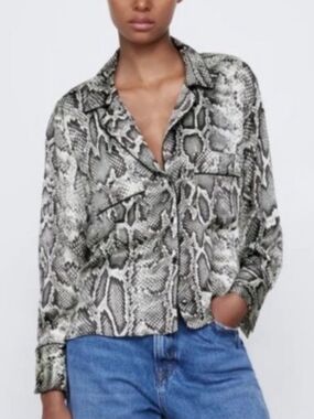 Zara Snake Print Button-Down Shirt in Black and White